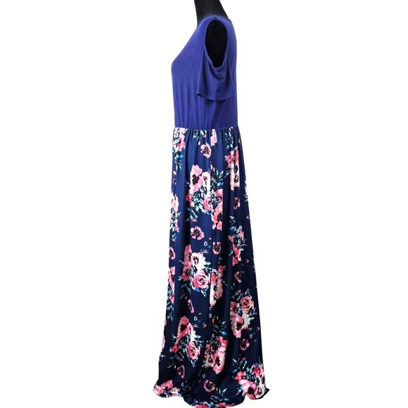 Womens Cold Shoulder Floral Maxi Dress Size XL Navy With Pink & White Boho - Picture 6 of 12